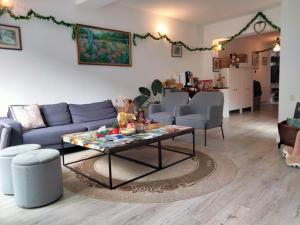 ein Wohnzimmer mit Sofa und Tisch in der Unterkunft Casa Scheiana in Braşov