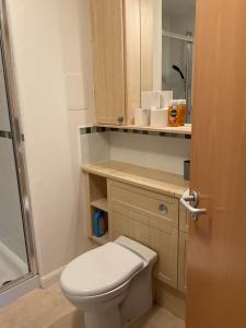 małą łazienkę z toaletą i umywalką w obiekcie Infiniti properties w Aberdeen