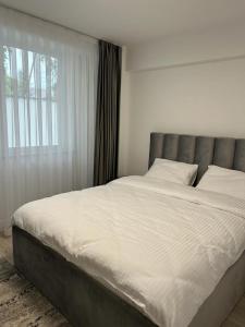 1 cama grande en un dormitorio con ventana grande en Traian Taranu Apartment en Suceava