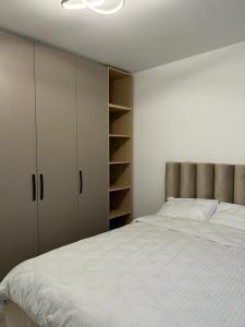 1 dormitorio con 1 cama grande y armario en Traian Taranu Apartment en Suceava
