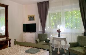 - une chambre avec un lit, deux chaises et une télévision dans l'établissement New Vintage house with Netflix Füge és könyvtár, à Keszthely