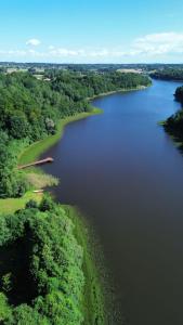 una vista aérea de un gran río con árboles en Agroturystyka Galant en Połęczyno