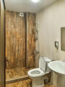 a bathroom with a toilet and a shower and a sink at Yengibar's Family house in Dilijan