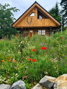 ein Blumenfeld vor einem Haus in der Unterkunft Blockhaus PanHütte in Braunlage