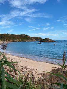 vista su una spiaggia con barche in acqua di Portelet Bay a St Brelade