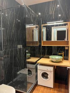 un bagno con lavatrice e asciugatrice di Le Royal XIX Dinard vue mer luxe a Dinard