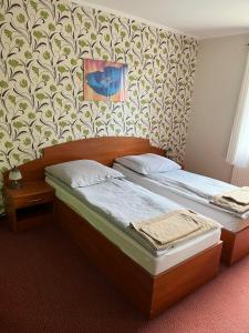 two twin beds in a room with a wall at Zajazd U TOMA in Rosin
