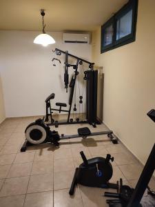 a room with a gym with exercise equipment on the floor at Erodios Apartments in Kalyves