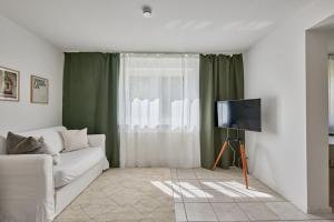 布亨的住宿－NEW-Mona - idyllisches Örtchen，客厅配有白色沙发和电视