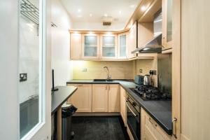 uma pequena cozinha com armários de madeira e um lavatório em Spacious 1 bedroom / Gloucester Road / Harrods em Londres
