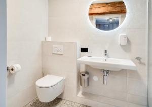 La salle de bains est pourvue de toilettes, d'un lavabo et d'un miroir. dans l'établissement Hoeve de Bongerd, à Beesel