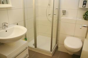 ein Bad mit einer Dusche, einem WC und einem Waschbecken in der Unterkunft Fürstenhof Whg 108 inkl WLAN in Grömitz