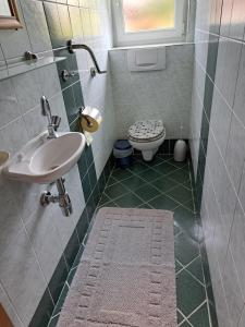 ein Badezimmer mit Waschbecken und Toilette in der Unterkunft Bungalow Raschun Grabelsdorf Etruskerweg 12 / 9122 St. Kanzian in Grabelsdorf + 14 Fotos