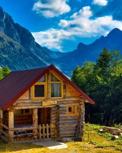 a log cabin with mountains in the background at Komovi - Montenegrina Mountain house in Kolašin