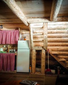 a kitchen with a refrigerator and a wooden wall at Komovi - Montenegrina Mountain house in Kolašin