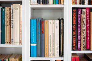 tres libros están sentados en un estante de libros en artroom en Berna