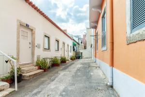 an alleyway between two buildings with potted plants at Classic Lisbon Homes: Bright & Central in Belém in Lisbon