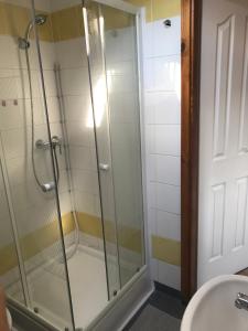 La salle de bains est pourvue d'une douche en verre et d'un lavabo. dans l'établissement Lovas Udvarház Ezüst Zabla Apartman Piliscsaba, à Piliscsaba