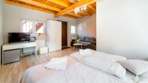 a bedroom with a large bed and a living room at Wilczy Wodospad in Karpacz