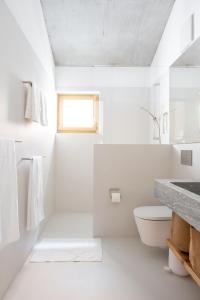 a white bathroom with a toilet and a sink at Casa Flurina in Flims