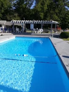 uma piscina azul com cadeiras e um gazebo em Carolina Motel em Franklin