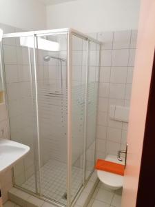 a shower in a bathroom with a toilet and a sink at Hotel Stille in St. Moritz