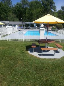 uma mesa de piquenique com um guarda-sol ao lado de uma piscina em Carolina Motel em Franklin