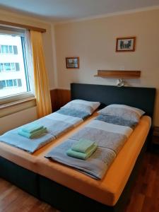 two twin beds in a room with a window at Hotel Stille in St. Moritz