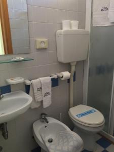 a small bathroom with a toilet and a sink at Hotel Lido in Lido di Jesolo