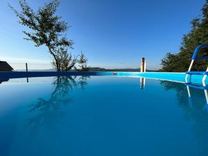 a blue swimming pool with a tree in the background at Dom pod kogutem in Laliki