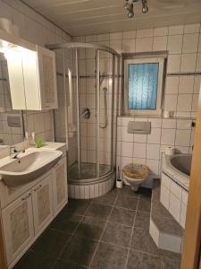 y baño con ducha, lavabo y aseo. en ⌂ Privatwohnung, en Burghaun