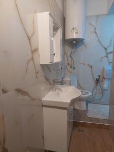 La salle de bains blanche est pourvue d'un lavabo et de toilettes. dans l'établissement Didi House, à Sandanski