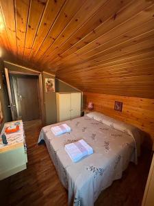 1 dormitorio con 1 cama grande en una habitación de madera en In mezzo al bosco, en Salerni