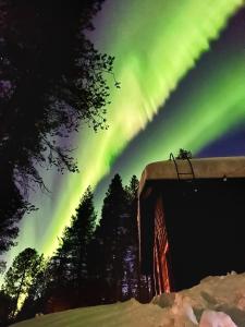 an aurora in the sky over a building with trees at Raanakka House - Premium Villa at Levi in Levi