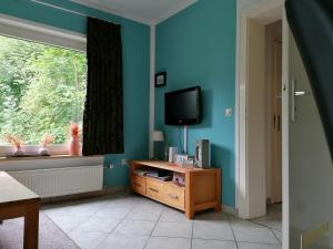 Il comprend un salon doté d'une télévision et d'un mur bleu. dans l'établissement Harzhuisje - Sankt Andreasberg, à Sankt-Andreasberg