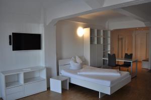 Un dormitorio con una cama, un escritorio y un televisor. en New Age Boardinghaus, en Heilbronn