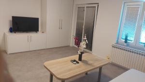 un soggiorno con tavolino e TV di Apartman i Sobe Vasilić a Jurandvor