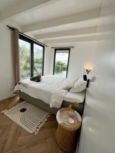 a bedroom with a large bed and a large window at Surla houseboat "Nevel" Kagerplassen with tender in Buitenkaag