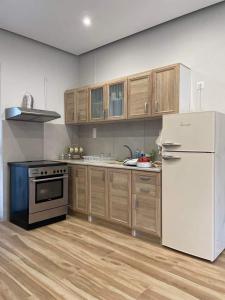 una cucina con frigorifero bianco e armadietti in legno di Sophia's stone apartment 