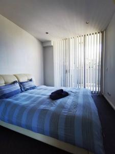 een slaapkamer met een blauw en wit bed en een raam bij New Comfy stylish Apt in Rhodes Next to train n shopping center in Sydney