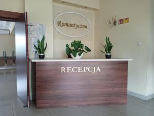 a reception desk with potted plants on top of it at Hotel Romantyczny in Międzyrzec Podlaski