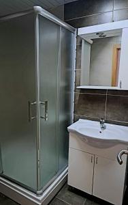 y baño con ducha y lavamanos. en Railway Hostel, en Skopje