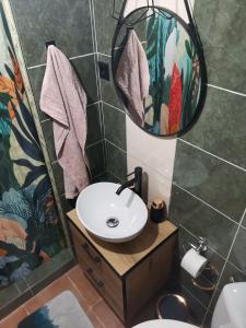 La salle de bains est pourvue d'un lavabo et d'un miroir. dans l'établissement Przystanek Srebrna Góra, à Srebrna Góra