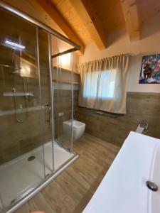 ピオーヴェ・ディ・サッコにあるLa casa di Brunoのバスルーム(シャワー、洗面台、トイレ付)