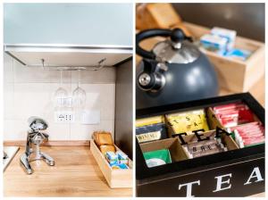 a kitchen with a box of food and a tea kettle at APARTMENT BONCIARI PERUGIA Comodo e moderno bilocale con posto auto gratuito e self check in in Perugia