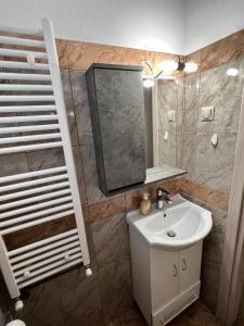 a bathroom with a sink and a mirror at Irene's cozy apartment in Volos