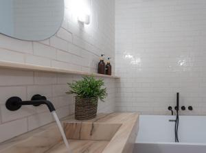 a bathroom with a sink with a faucet and a plant at Columbano Suites Accomodations Lisboa - Praça de Espanha, Sete Rios - Bookable parking in Lisbon