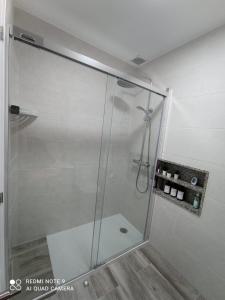 y baño con ducha y puerta de cristal. en APARTAMENTOS LA CAPILLA, en Villanueva de Arosa