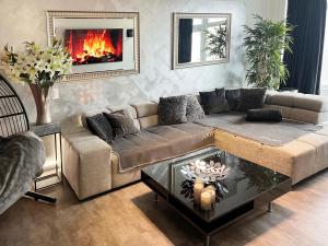 a living room with a couch and a fireplace at Platin City Apartment in Hamburg