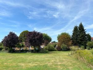 un campo de césped con árboles en el fondo en Gîte La Bergerie, en Le Buisson de Cadouin